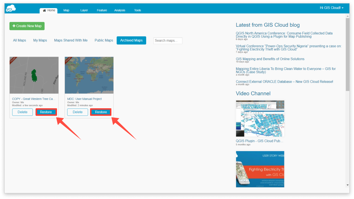 How to delete and restore a map/project? – GIS Cloud Learning Center