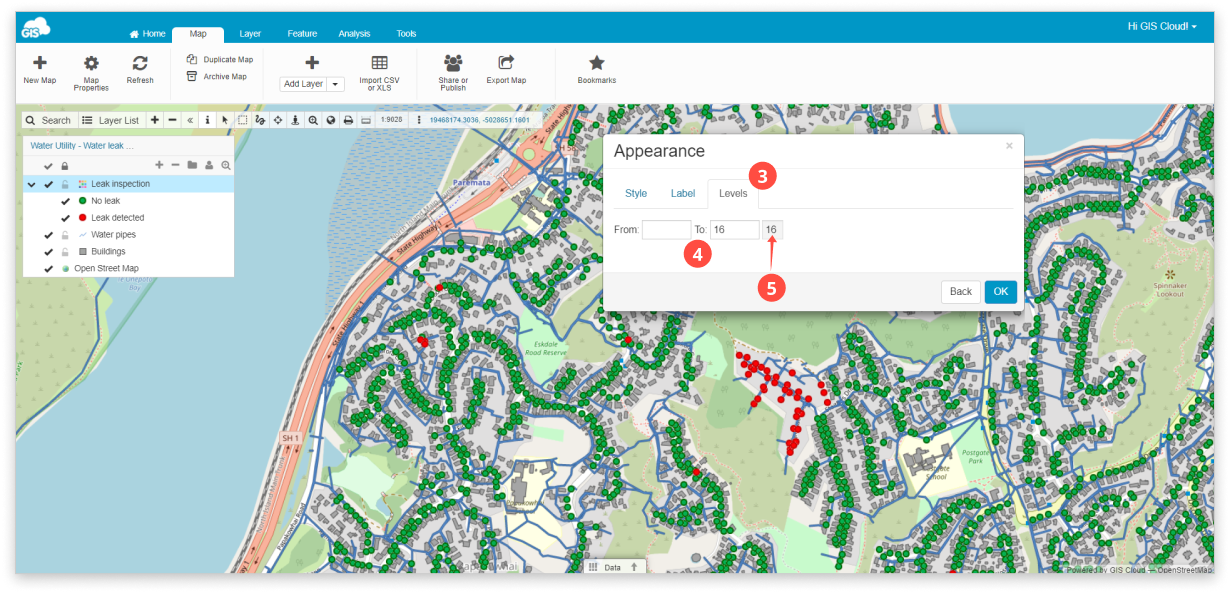How to set layer visibility for different zoom levels? GIS Cloud