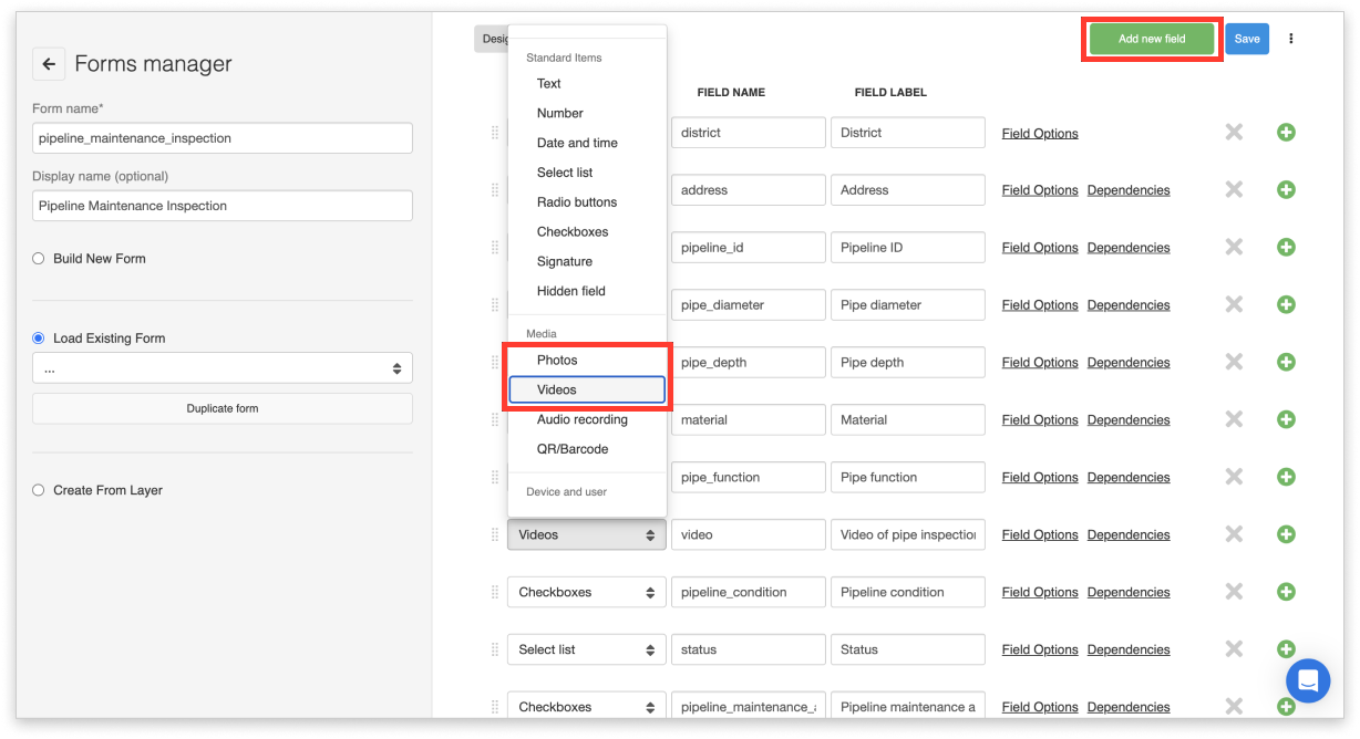 Instructions for adding photo and video items through Forms Manager